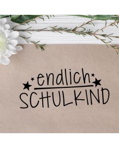 Holz Motivstempel Text endlich SCHULKIND mit Sternchen  