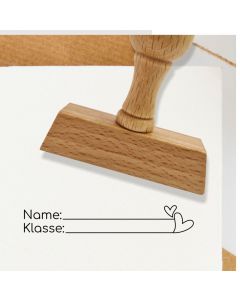 Holz Schulstempel Text Name, Klasse, Motiv Herz  