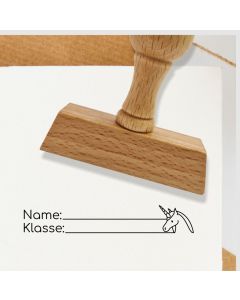 Holz Schulstempel Text Name, Klasse, Motiv Einhorn  