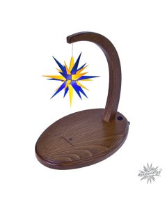 Sternenbogen aus Holz nussbaum mit einem Herrnhuter Stern 13 cm blau-gelb