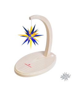 Sternenbogen aus Holz Buche natur mit einem Herrnhuter Stern 13 cm blau-gelb