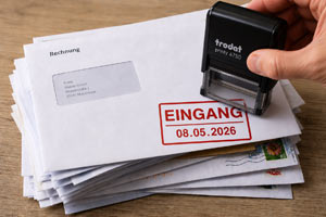 Stempel mit Abdruck Eingang und Datum zum Dokumentieren des Erhalts