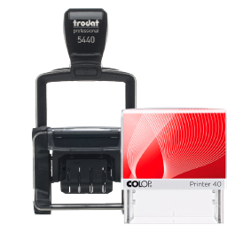 Ein Trodat Professional 5440 und ein Colop Printer 40 nebeneinander.