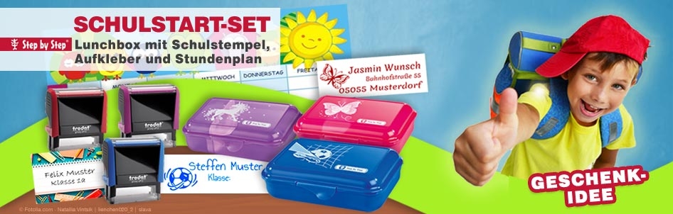 Schulbox Aktion - Lunchbox mit Schulstempel Motiv und individuellem Text 